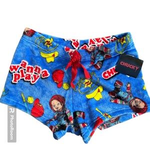 Chucky Wanna Play Official Blue Plush Fleece Women’s Sleep Pajamas Shorts Size M